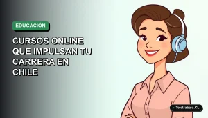 Ilustración plana de mujer profesional chilena sonriendo, con fondo degradado azul y verde, promocionando cursos online de Harvard para impulsar carreras en Chile.