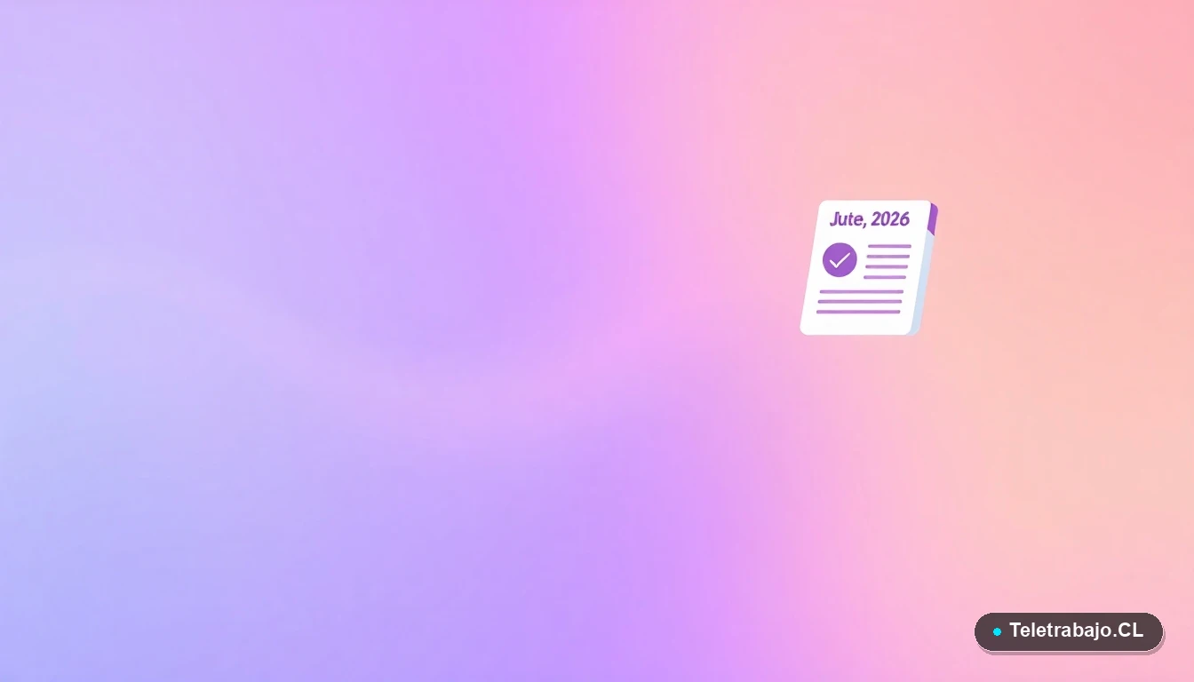 Ilustración de interfaz abstracta con iconos de documento, calendario 2026 y engranaje, representando el proceso administrativo del seguro de desempleo, con fondo degradado lila y durazno.