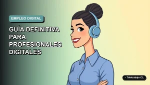 Ilustración plana de mujer profesional chilena sonriente, con blusa azul y pelo recogido, sobre fondo degradado azul verdoso. Concepto de búsqueda de empleo digital en Instagram para 2026.