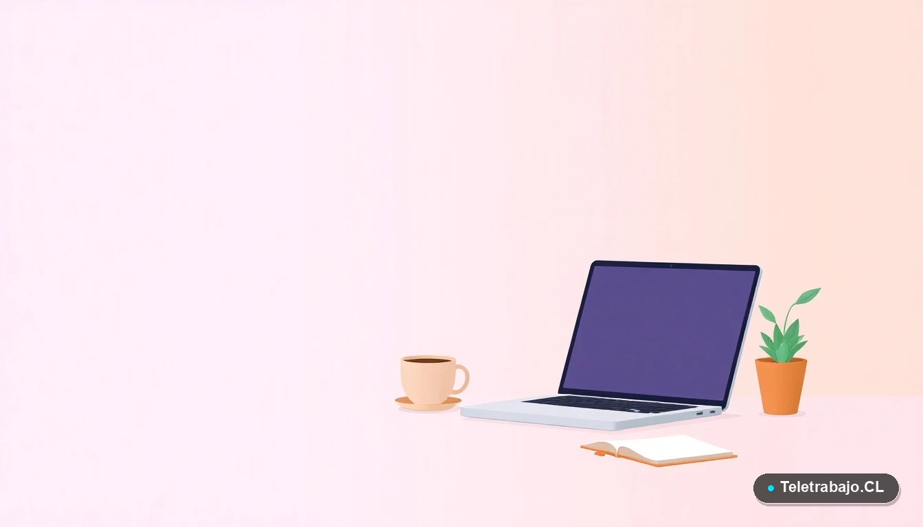Escritorio moderno minimalista con laptop, cuaderno, taza de café y planta suculenta, sobre fondo degradado lila y durazno. Representación de espacio de trabajo digital profesional para teletrabajo en Chile.