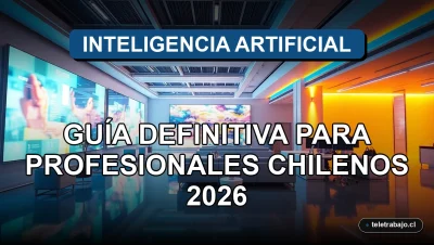 Guía profesional sobre Inteligencia Artificial en el entorno laboral chileno para el año 2026, mostrando un espacio de trabajo moderno y tecnológico.