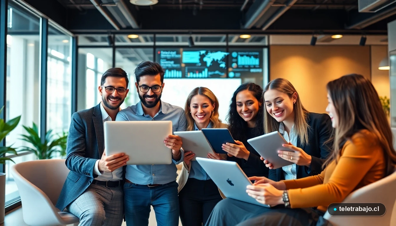 Equipo profesional chileno utilizando herramientas de inteligencia artificial en una oficina moderna para mejorar la productividad