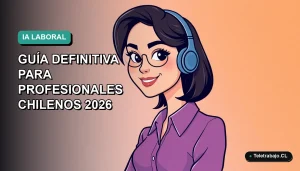 Ilustración plana de profesional chilena sonriente, estilo corporativo moderno, con fondo degradado azul verdoso. Concepto de inteligencia artificial en el entorno laboral.