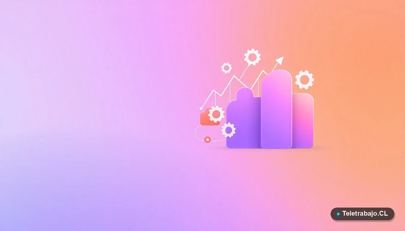 Composición abstracta de elementos de UI tecnológica: gráficos, engranajes y carpetas flotantes sobre fondo degradado lila. Representación visual de datos y procesos de inteligencia artificial.