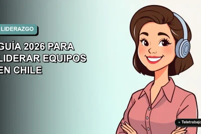 Ilustración plana vectorial de una mujer profesional chilena sonriendo, con fondo degradado azul verdoso, representando liderazgo con inteligencia emocional en el trabajo.