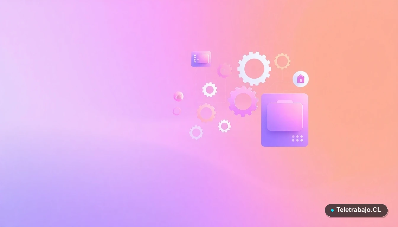 Composición abstracta de interfaz de usuario con gráficos y engranajes flotantes en tonos lavanda y durazno, concepto de inteligencia emocional aplicada a la tecnología y gestión.