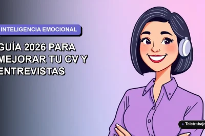 Ilustración plana corporativa de una mujer profesional sonriente, con blusa lila y corte bob, sobre fondo degradado azul y lavanda, representando inteligencia emocional en el trabajo.