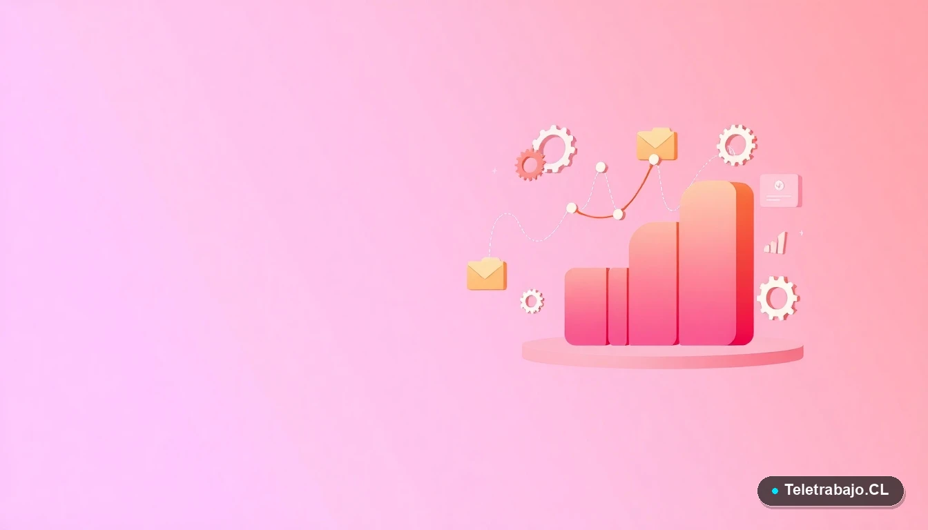 Ilustración abstracta de interfaz tecnológica con gráficos flotantes, engranajes y carpetas en colores melocotón, sobre fondo degradado lila.