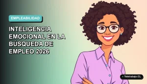 Ilustración plana corporativa de mujer profesional feliz con inteligencia emocional para búsqueda de empleo, fondo degradado azul y verde.