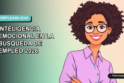 Ilustración plana corporativa de mujer profesional feliz con inteligencia emocional para búsqueda de empleo, fondo degradado azul y verde.