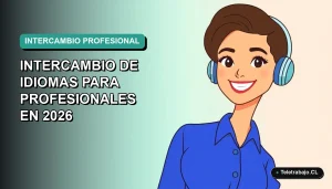 Ilustración plana de profesional mujer sonriente con blusa azul, sobre fondo degradado verde azulado, concepto de intercambio de idiomas para profesionales.
