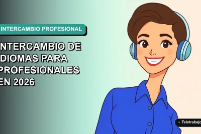 Ilustración plana de profesional mujer sonriente con blusa azul, sobre fondo degradado verde azulado, concepto de intercambio de idiomas para profesionales.