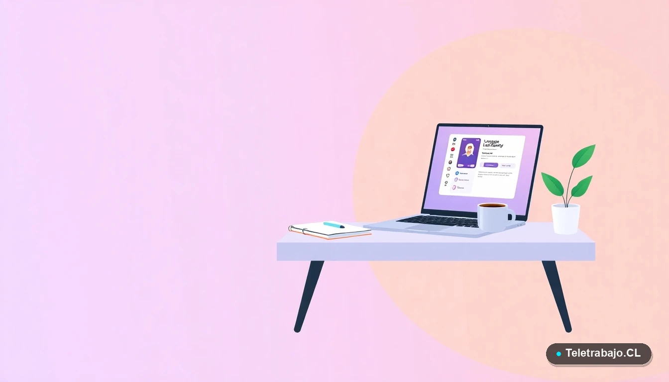 Escritorio moderno minimalista con laptop, cuaderno y taza de café sobre fondo degradado lila y durazno, concepto de aprendizaje remoto.