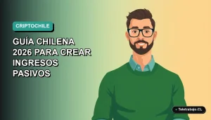 Ilustración vectorial plana de un hombre chileno trabajando desde casa con gráficos de criptomonedas, fondo degradado teal.