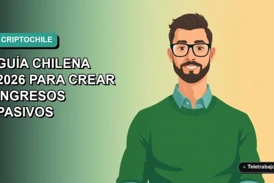 Ilustración vectorial plana de un hombre chileno trabajando desde casa con gráficos de criptomonedas, fondo degradado teal.