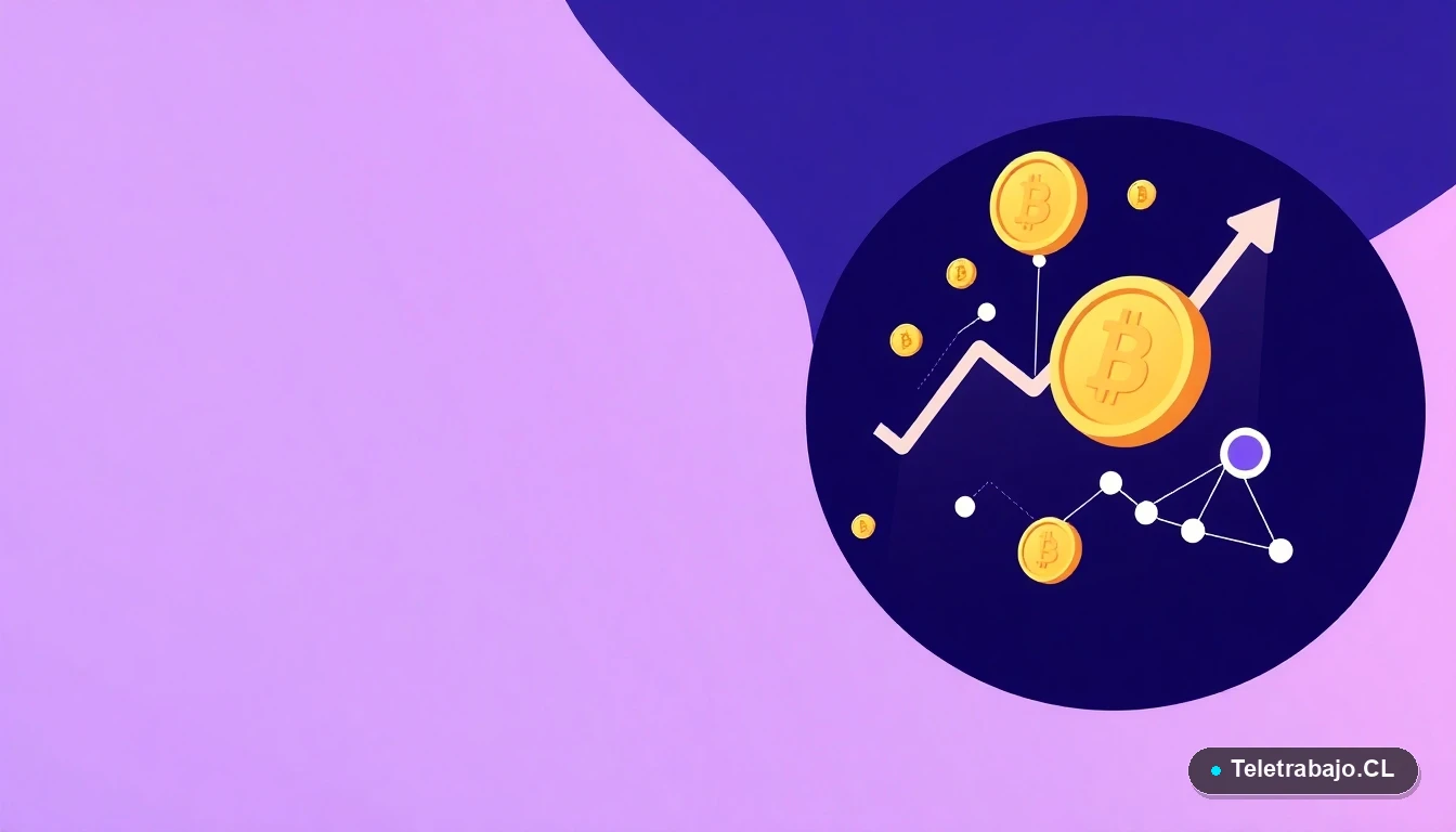 Composición abstracta de interfaz de usuario con gráficos flotantes, monedas y nodos que representan inversión en blockchain y criptomonedas, fondo degradado lavanda.