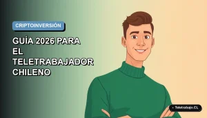 Ilustración plana de un trabajador chileno revisando gráficos de criptomonedas en su laptop desde casa, fondo degradado azul.