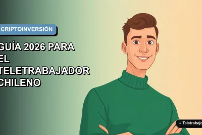 Ilustración plana de un trabajador chileno revisando gráficos de criptomonedas en su laptop desde casa, fondo degradado azul.