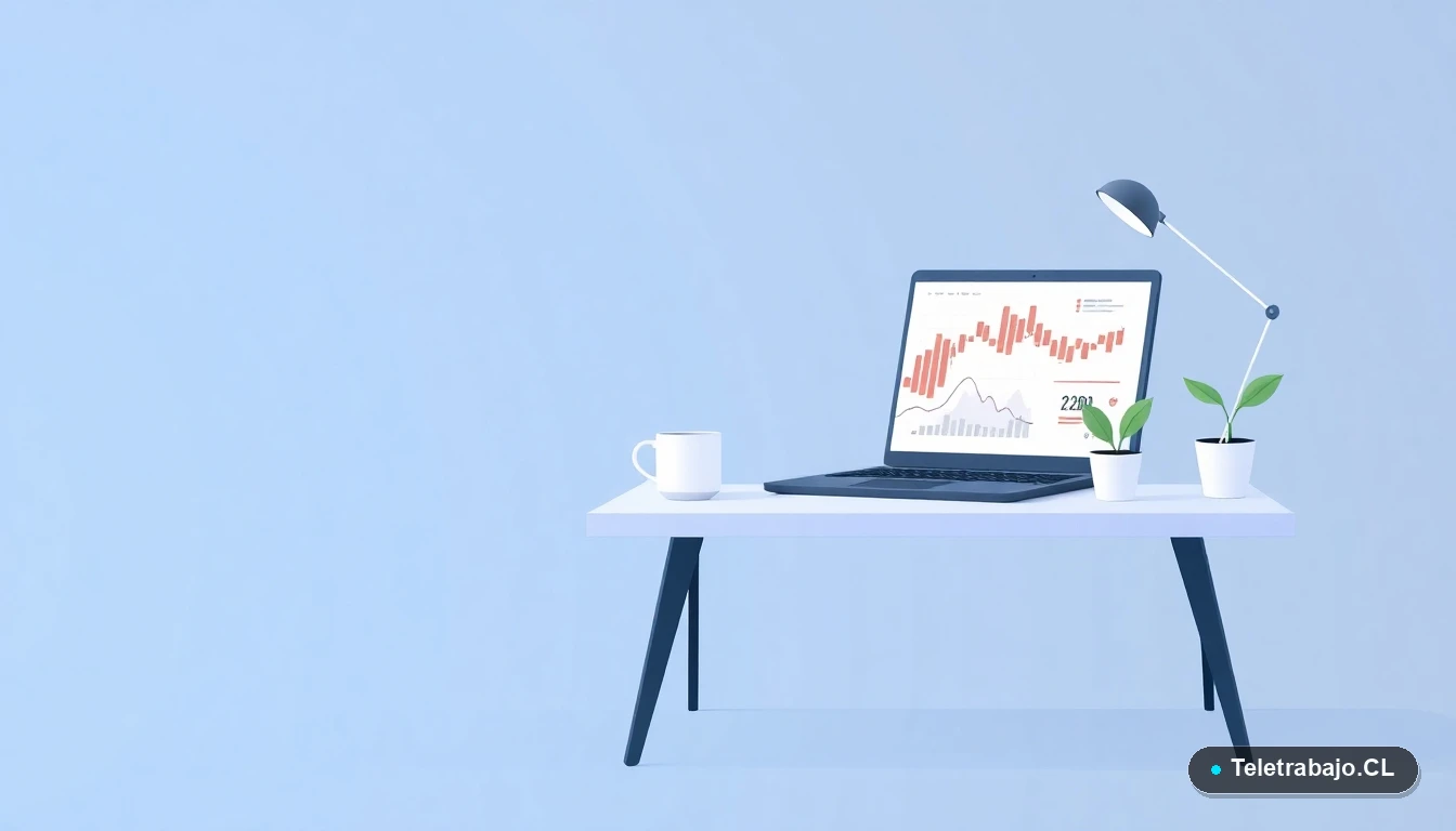 Escritorio moderno vacío con laptop mostrando gráficos de cripto, taza de café y planta, ideal para teletrabajo, fondo degradado azul grisáceo.