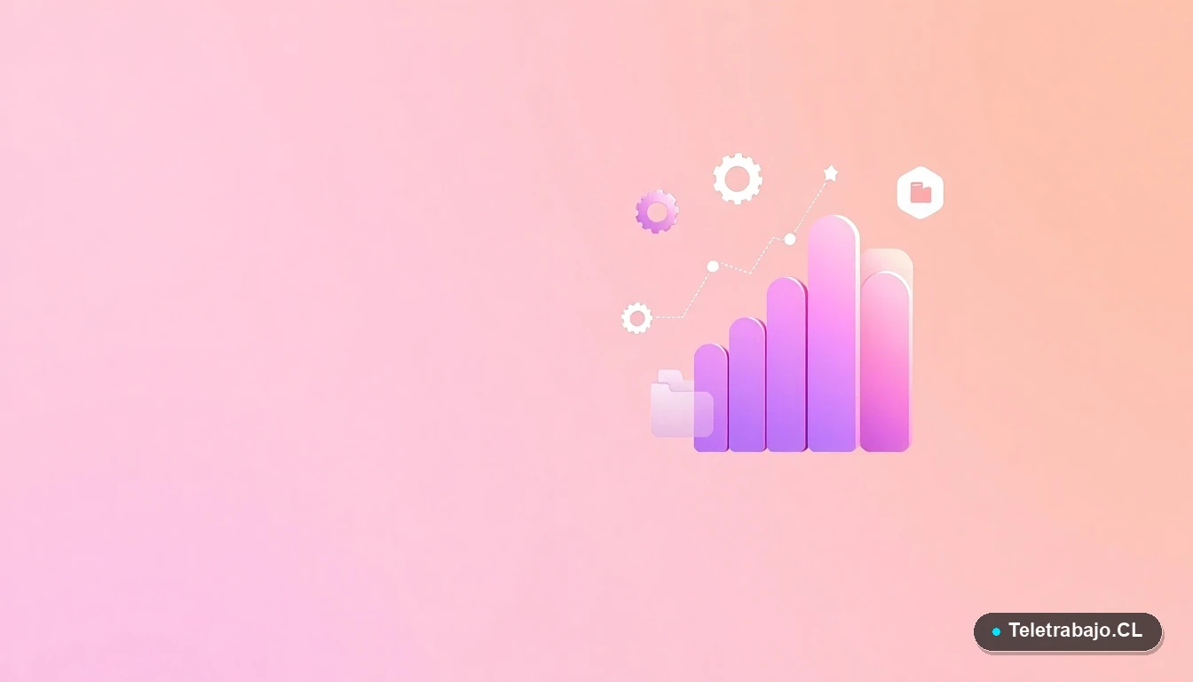 Composición abstracta de interfaz de usuario con gráficos, engranajes y carpetas flotantes en tonos lavanda y durazno, sobre fondo degradado, simbolizando tecnología y planificación laboral.