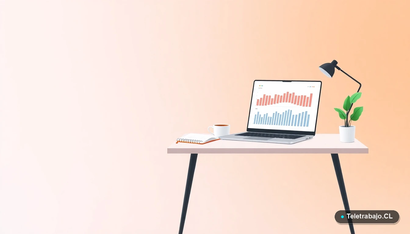 Escritorio moderno minimalista con laptop, taza de café y planta, sobre fondo degradado en tonos verdes y azules. Representa la gestión administrativa digital del IVA franquiciado para negocios en Chile.