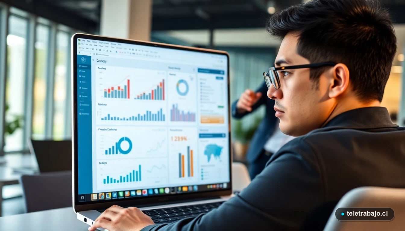 Profesional chileno usando un dashboard de Excel para mantener el control y la productividad frente a un jefe impredecible