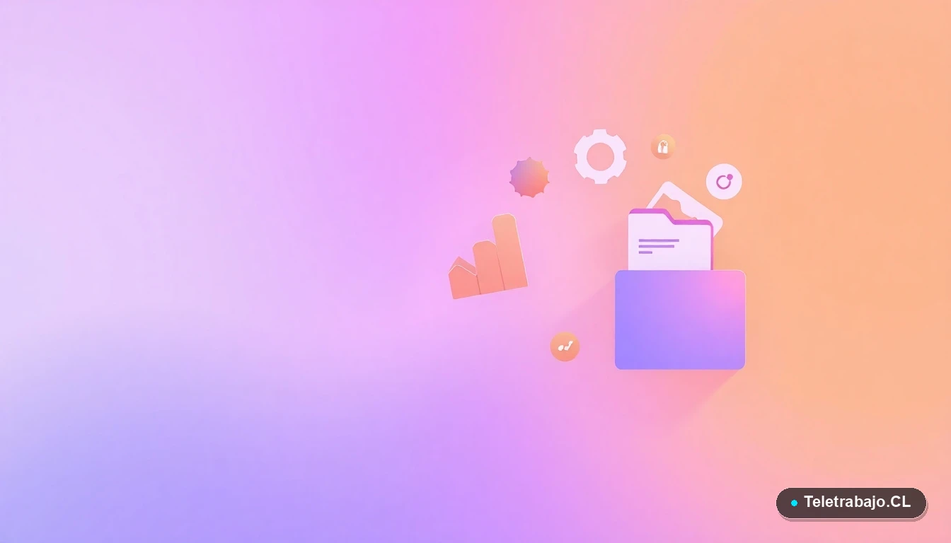 Composición abstracta de interfaz de usuario con gráficos flotantes y engranajes estilizados en colores lavanda y durazno, sobre un fondo degradado. Espacio negativo minimalista.