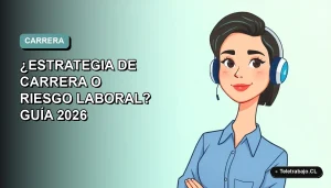 Ilustración vectorial plana estilo Corporate Memphis de una mujer profesional chilena con blusa azul y pelo corto, sobre fondo degradado suave azul verdoso. Espacio negativo a la izquierda.