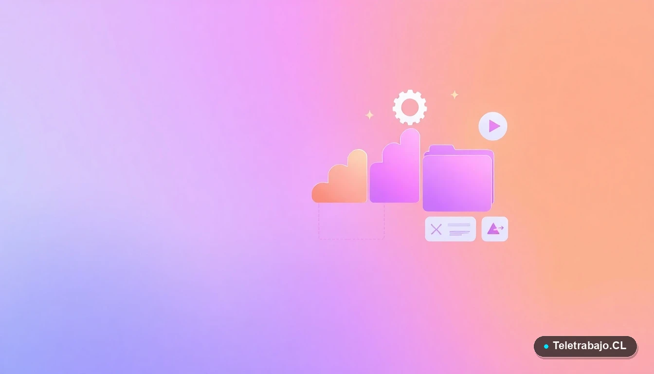 Composición abstracta de interfaz de usuario tecnológica con gráficos flotantes, un engranaje y carpetas, en colores lavanda y durazno, sobre fondo degradado. Ilustración vectorial plana minimalista.