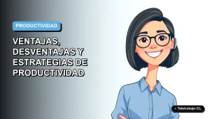 Ilustración plana corporativa de una trabajadora remota feliz con blusa azul, sobre fondo degradado azul cielo, representando la nueva ley de 40 horas en Chile 2026.