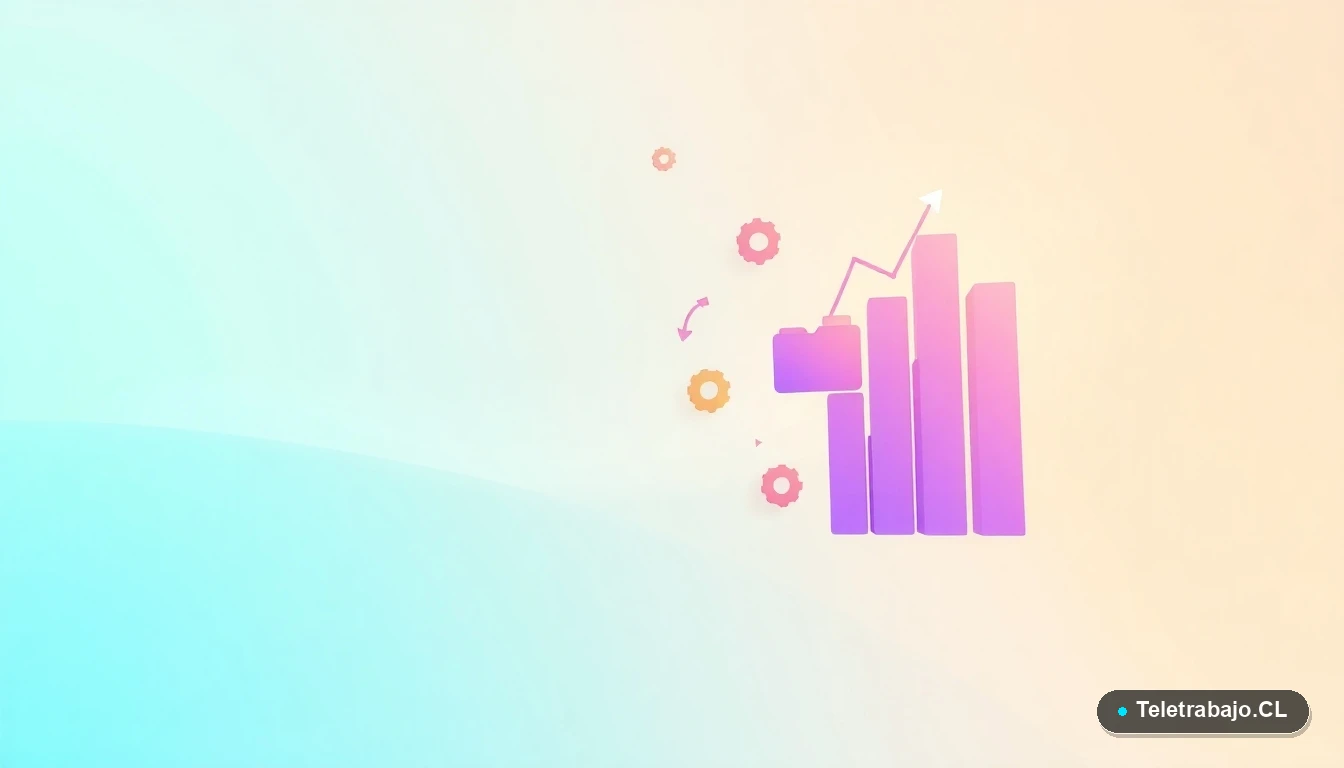 Elementos de interfaz de usuario abstractos con gráficos y engranajes flotantes en colores lavanda y durazno, sobre fondo degradado menta, simbolizando estrategias de productividad para la jornada de 40 horas.