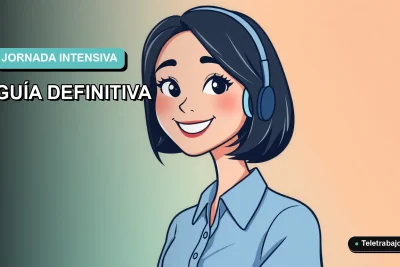 Ilustración plana vectorial de una trabajadora remota feliz con blusa azul y pelo corto, sobre un fondo degradado suave de color aguamarina.