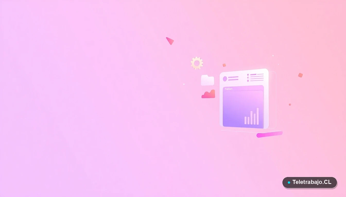 Ilustración abstracta de interfaz de usuario con gráficos flotantes y iconos de engranaje y carpetas en colores lavanda y durazno, sobre fondo degradado lila.