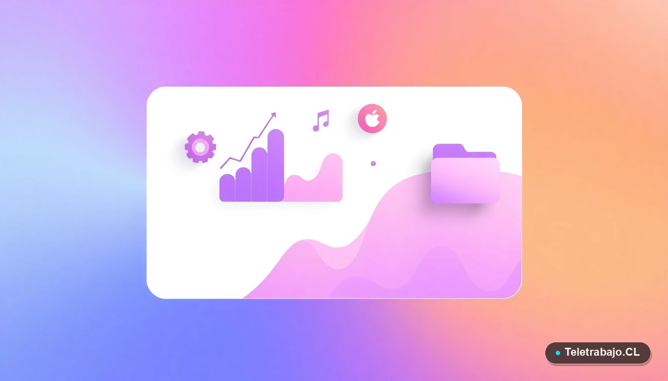 Ilustración abstracta de interfaz de usuario tecnológica con gráficos, engranajes y carpetas flotantes en colores lavanda y durazno, sobre fondo degradado lila. Concepto de gestión laboral y jornada intensiva.