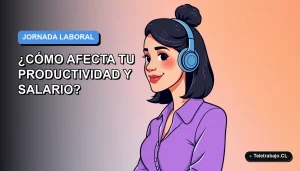 Ilustración vectorial plana de una trabajadora remota chilena sonriente, con fondo degradado azul, representando la nueva ley de jornada laboral de 32 horas.