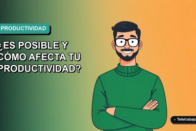 Ilustración vectorial plana de un trabajador masculino de tecnología con suéter verde, sobre un fondo degradado azul y turquesa, representando la productividad en una semana laboral de cuatro días.