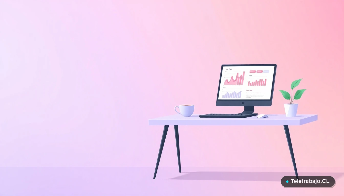 Escritorio moderno minimalista vacío con laptop, gráficos abstractos, una taza de café y una planta, sobre un fondo degradado lila y durazno, concepto de productividad y espacio de trabajo eficiente.