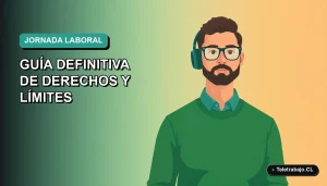 Ilustración vectorial plana de un trabajador masculino de tecnología con suéter verde, sobre un fondo degradado suave. Representa la guía definitiva sobre la jornada laboral irregular en Chile 2026.