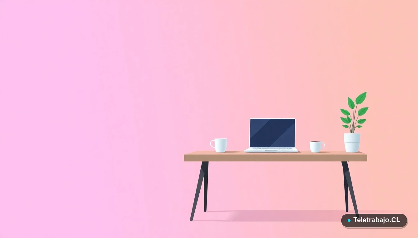 Ilustración vectorial plana de un escritorio moderno vacío con laptop, taza de café y una planta, sobre un fondo degradado lila y durazno. Concepto de espacio de trabajo para la guía de jornada laboral irregular.