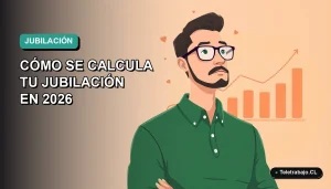 Ilustración vectorial plana de un trabajador masculino de teletrabajo, con suéter verde, junto a un gráfico abstracto de pensión. Fondo con gradiente suave de azul a verde.