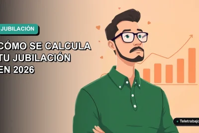 Ilustración vectorial plana de un trabajador masculino de teletrabajo, con suéter verde, junto a un gráfico abstracto de pensión. Fondo con gradiente suave de azul a verde.