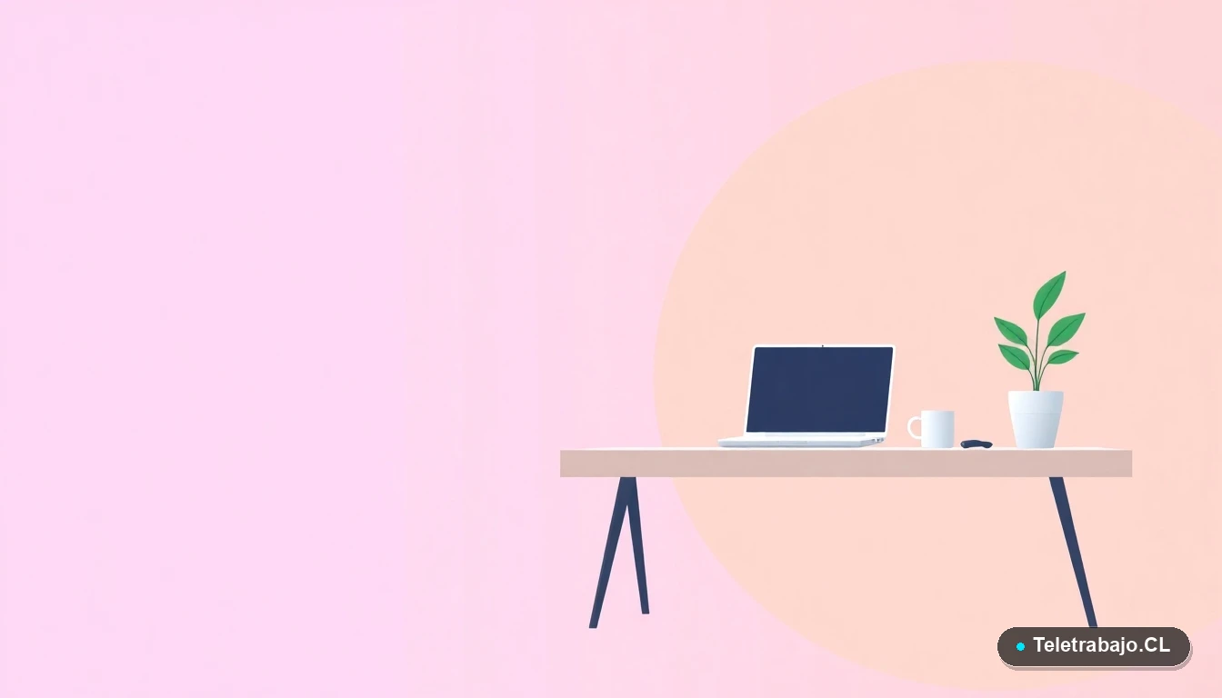 Escritorio moderno minimalista para teletrabajo con laptop, taza de café y planta, en estilo de ilustración vectorial plana. Fondo degradado lavanda.