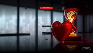 Un corazón estilizado hecho de vidrio rojo sobre un escritorio moderno con un reloj de arena digital, simbolizando el peligro de las largas jornadas laborales para la salud cardiovascular.