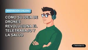 Ilustración vectorial plana de un joven chileno innovador, estilo Corporate Memphis, con fondo de gradiente azul y verde. Espacio negativo a la izquierda.