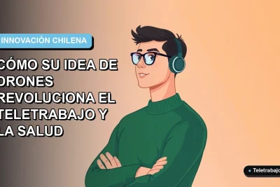 Ilustración vectorial plana de un joven chileno innovador, estilo Corporate Memphis, con fondo de gradiente azul y verde. Espacio negativo a la izquierda.