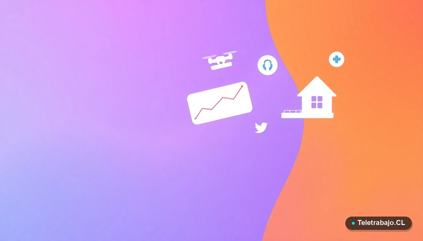 Composición abstracta de interfaz de usuario tecnológica con iconos de drones, gráficos, salud y hogar, en estilo vectorial plano sobre fondo gradiente lavanda y durazno.