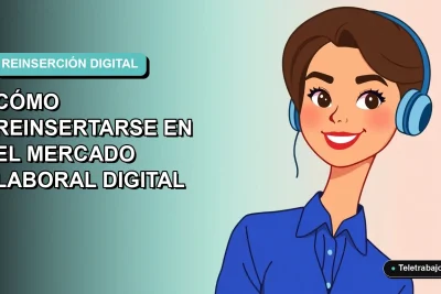 Ilustración plana vectorial de una joven profesional chilena sonriente, con blusa azul y corte de pelo moderno, sobre un fondo degradado azul verdoso. Representa la reinserción laboral digital.