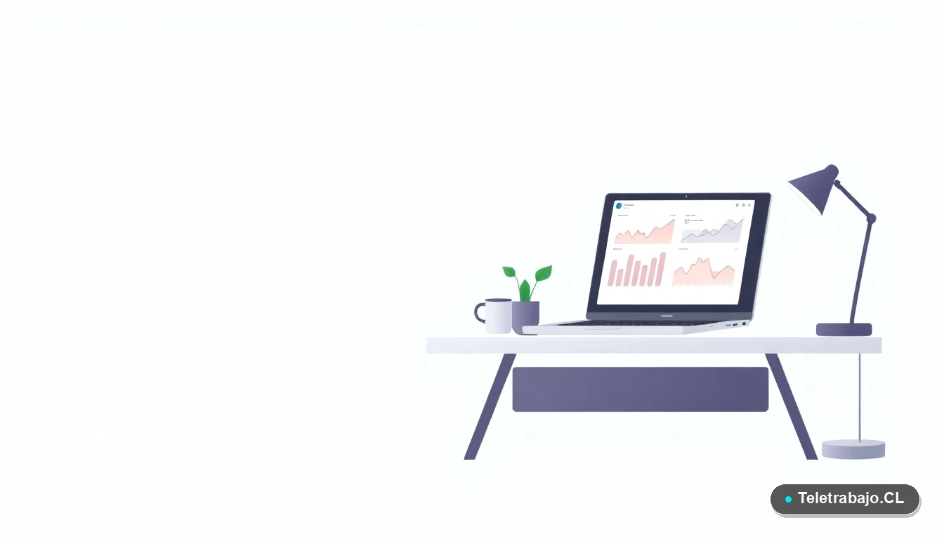 Escritorio moderno digital vacío con laptop, gráficos en pantalla, planta y taza de café, sobre fondo degradado menta. Representa el espacio de trabajo digital listo para ser ocupado.