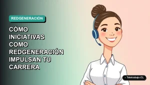Ilustración plana corporativa de una joven profesional chilena sonriente, con camisa blanca y pelo recogido, sobre un fondo degradado suave de color verde azulado. Espacio negativo a la izquierda.