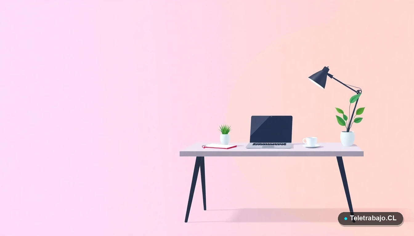 Escritorio moderno minimalista con laptop, cuaderno, taza de café y una planta, ilustración plana sobre fondo degradado lavanda y durazno. Concepto de espacio de trabajo para jóvenes profesionales.